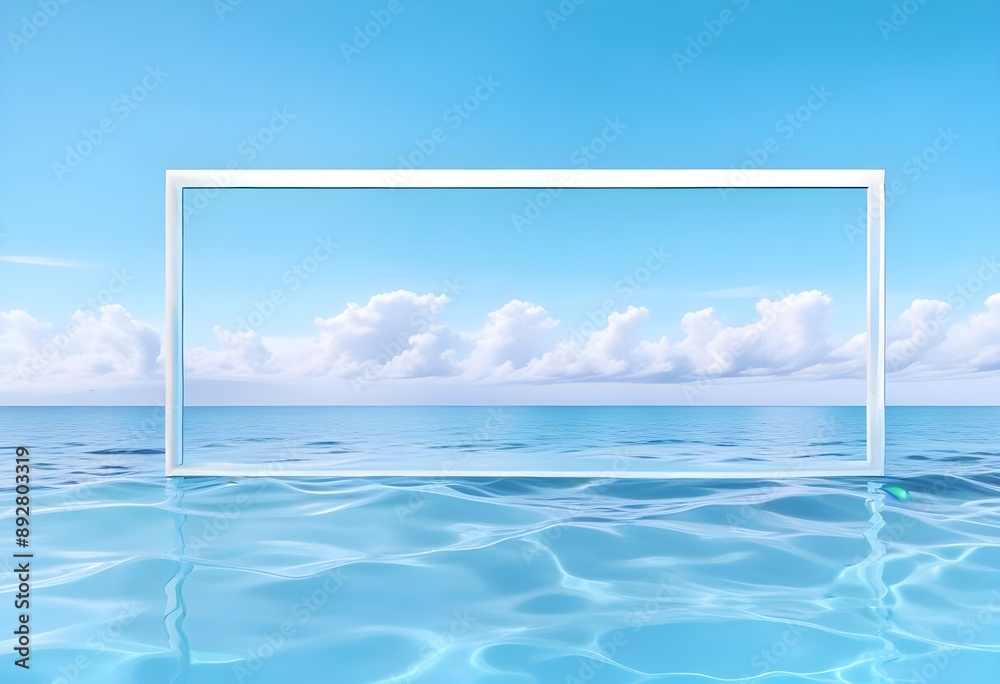 Fototapeta premium A large white square frame partially submerged in calm, turquoise water, surrounded by lush green palm trees on the shore, a clear blue sky and fluffy clouds above, morning light enhancing the scene.