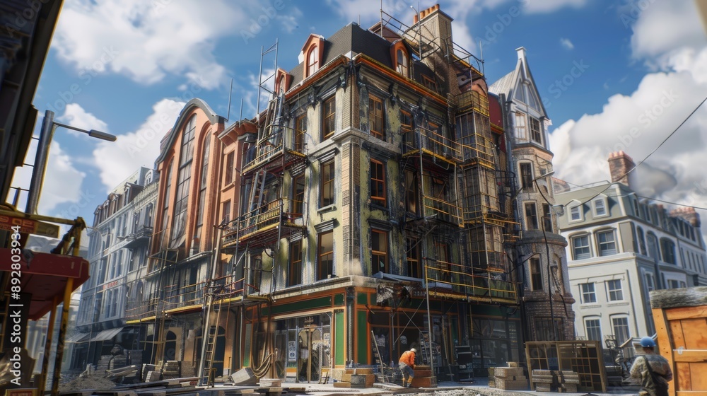 Fototapeta premium Historic Building Renovation in Bustling City Center Showcasing Blend of Past and Present Construction Techniques
