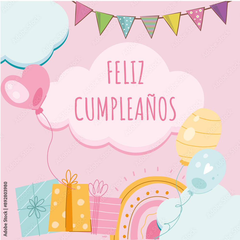 tarjeta o diadema para desear un feliz cumpleaños en rosa en una nube para un niño con regalos de banderines de varios colores alrededor de los globos sobre un fondo rosa tarjeta o diadema para desear un feliz cumpleaños en rosa en una nube para un niño con regalos de banderines de varios colores alrededor de los globos sobre un fondo rosa