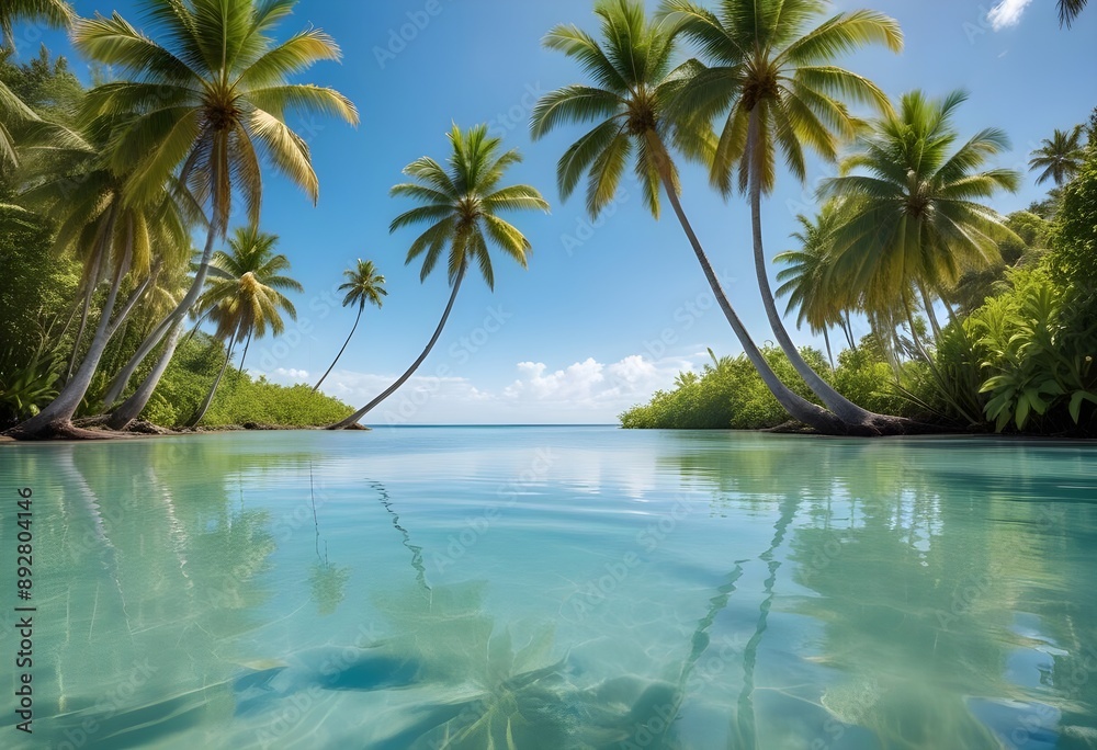 A large white square frame partially submerged in calm, turquoise water, surrounded by lush green palm trees on the shore, a clear blue sky and fluffy clouds above, morning light enhancing the scene. A large white square frame partially submerged in calm, turquoise water, surrounded by lush green palm trees on the shore, a clear blue sky and fluffy clouds above, morning light enhancing the scene.