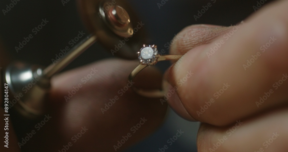 Extreme close up - a jeweler polishes a precious stone in a newly created ring Extreme close up - a jeweler polishes a precious stone in a newly created ring