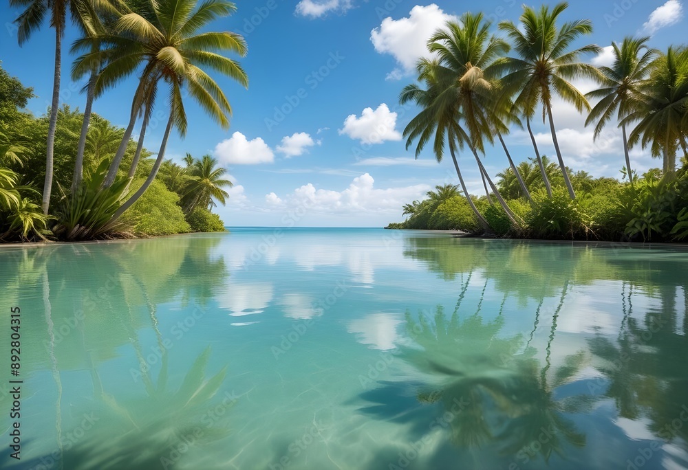 A large white square frame partially submerged in calm, turquoise water, surrounded by lush green palm trees on the shore, a clear blue sky and fluffy clouds above, morning light enhancing the scene. A large white square frame partially submerged in calm, turquoise water, surrounded by lush green palm trees on the shore, a clear blue sky and fluffy clouds above, morning light enhancing the scene.
