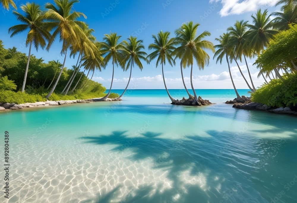 A large white square frame partially submerged in calm, turquoise water, surrounded by lush green palm trees on the shore, a clear blue sky and fluffy clouds above, morning light enhancing the scene. A large white square frame partially submerged in calm, turquoise water, surrounded by lush green palm trees on the shore, a clear blue sky and fluffy clouds above, morning light enhancing the scene.