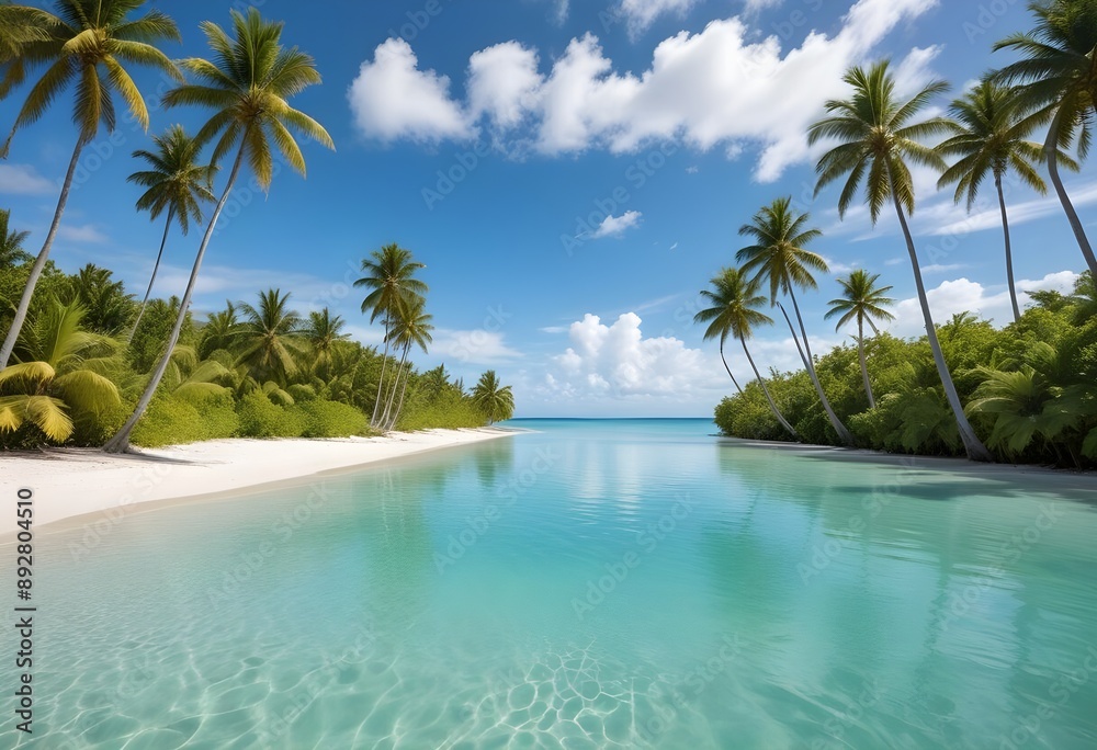 Obraz premium A large white square frame partially submerged in calm, turquoise water, surrounded by lush green palm trees on the shore, a clear blue sky and fluffy clouds above, morning light enhancing the scene.