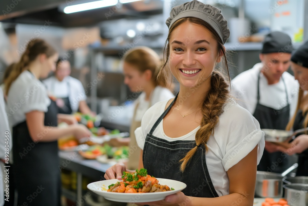 Enthusiastic young chef in a bustling kitchen. A cheerful young chef holding a freshly prepared dish, showcasing culinary skills and teamwork in a professional kitchen. Ideal for culinary Enthusiastic young chef in a bustling kitchen. A cheerful young chef holding a freshly prepared dish, showcasing culinary skills and teamwork in a professional kitchen. Ideal for culinary