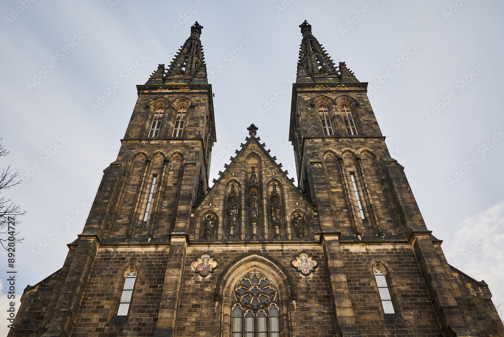 Fototapeta premium Basilica of St. Peter and St. Paul, neo-Gothic church in Vysehrad fortress in Prague, Czech Republic