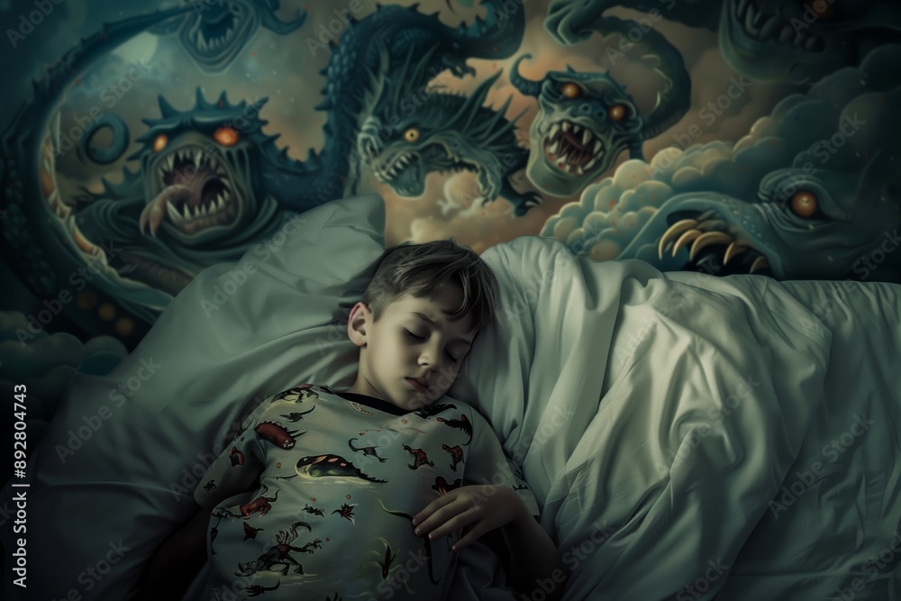 Monsters loom sleeping child representing night-time fear. Nightmarish creatures surround sleeping boy darkened room. Night is where childhood fears take monstrous forms. Monsters loom sleeping child representing night-time fear. Nightmarish creatures surround sleeping boy darkened room. Night is where childhood fears take monstrous forms.