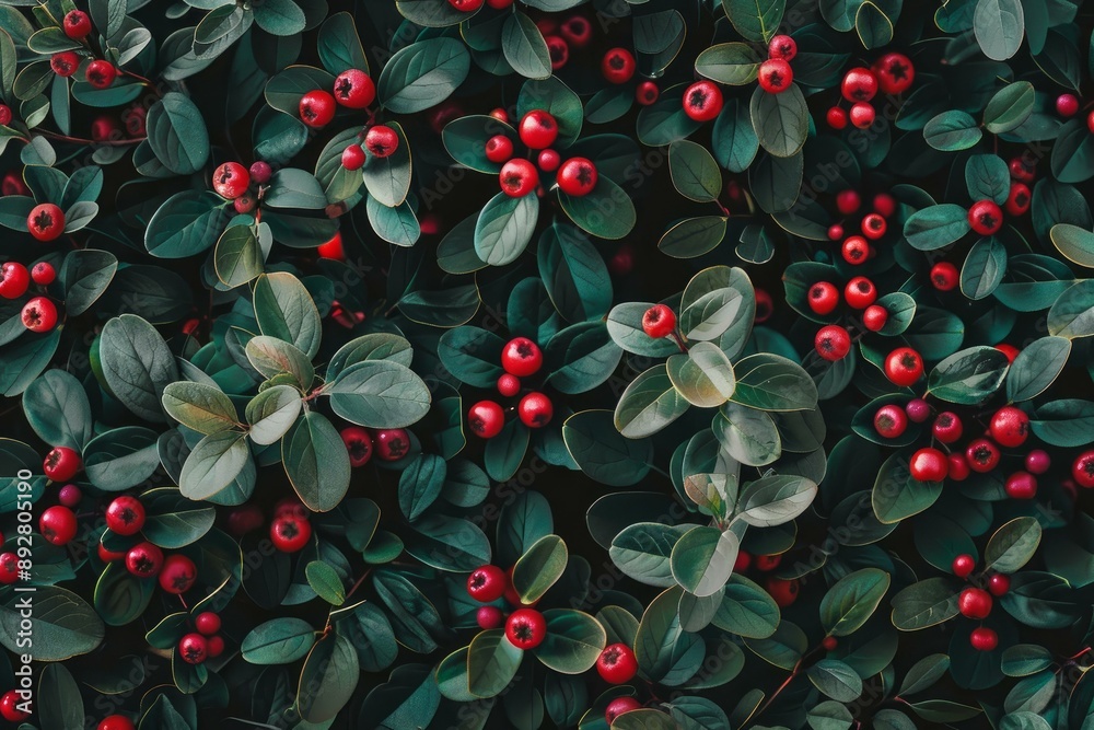 Lush and vibrant berry bush background with red berries and green leaves, creating a natural and organic pattern Lush and vibrant berry bush background with red berries and green leaves, creating a natural and organic pattern