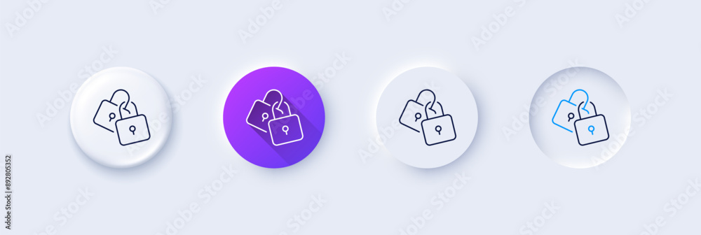 Lock line icon. Neumorphic, Purple gradient, 3d pin buttons. Wedding padlock sign. Security access symbol. Line icons. Neumorphic buttons with outline signs. Vector Lock line icon. Neumorphic, Purple gradient, 3d pin buttons. Wedding padlock sign. Security access symbol. Line icons. Neumorphic buttons with outline signs. Vector