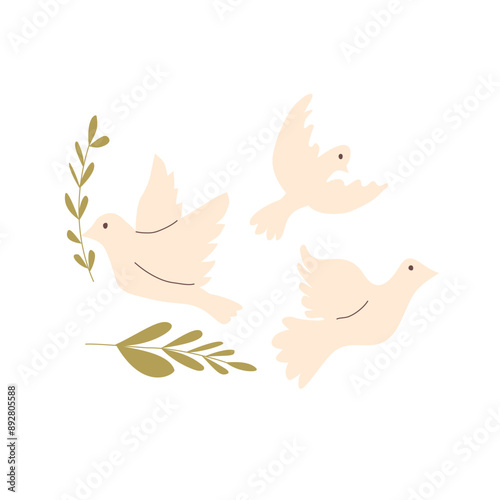 Dove of peace set isolated on white background. Vector hand drawn illustration