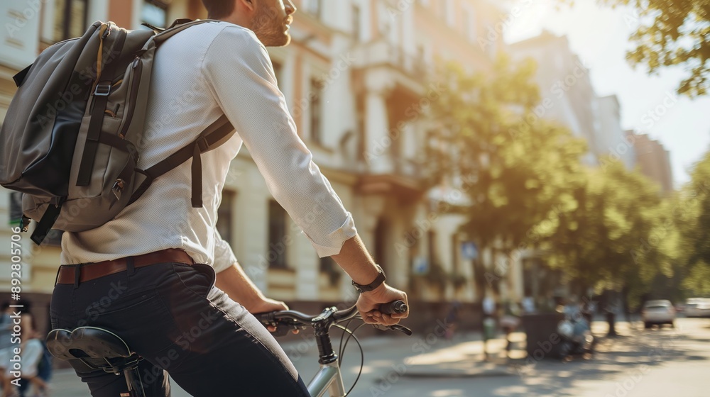 Obraz premium businessman riding a bicycle on the street going to work, holding backpack, cycle to work day