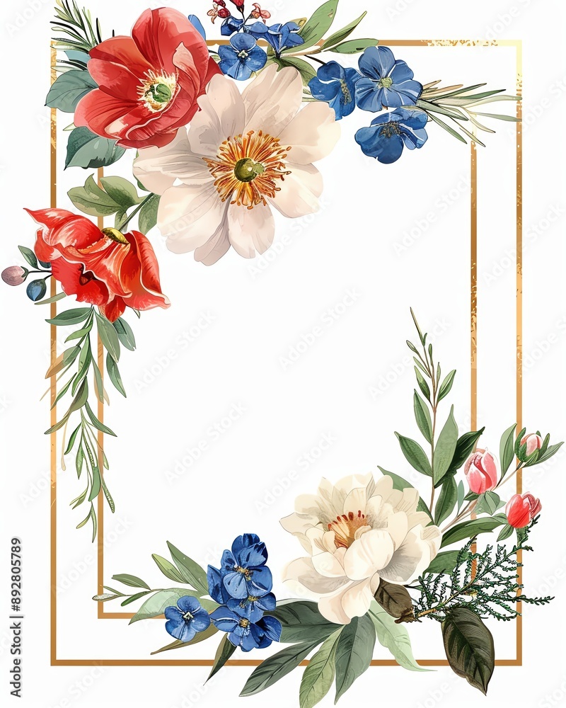 Obraz premium Elegant floral frame featuring vibrant blooms and greenery, perfect for invitations or decorative purposes.