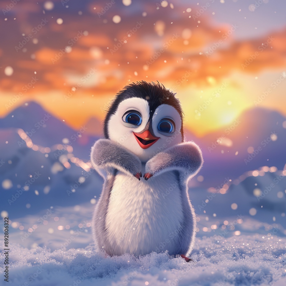 Naklejka premium A Happy Penguin in Winter Wonderland
