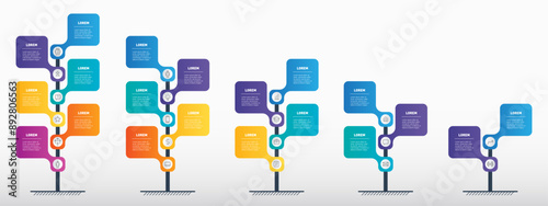 Colorful Vertical Timeline Infographic: Business Growth Roadmap. Five-Stage Process Visualization with Icons. Modern, Clean Design for Presentations and Reports.