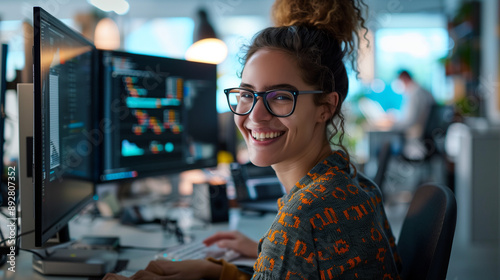software developer smiling at her desk, computer, woman, business, office, working, people, work, cafe, restaurant, laptop, internet, monitor, businessman, desk, technology, businesswoman, person, smi