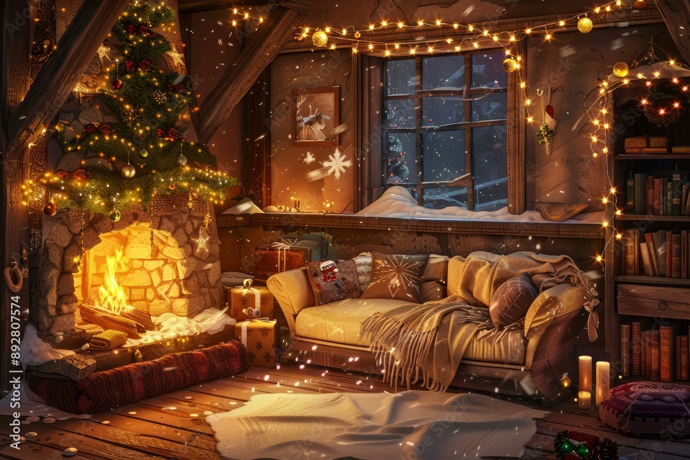 Warm and inviting room decorated with christmas lights, gifts, and a blazing fireplace, evoking holiday spirit Warm and inviting room decorated with christmas lights, gifts, and a blazing fireplace, evoking holiday spirit