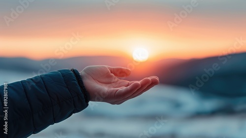 A hand reaching out towards the setting sun against a landscape of mountains and snow. Themes of hope, serenity, and connection with nature, highlight beautiful natural time.