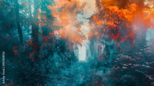 Double exposure image blending the ethereal,tranquil Glade with the intense,fiery Infernal Furnace,symbolizing the transformative journey of the self.