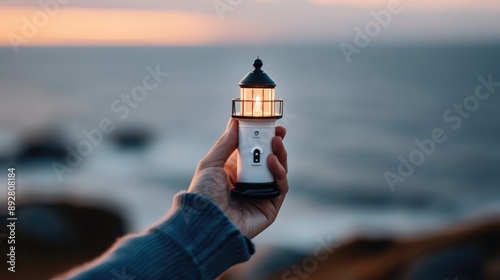 A hand holding a miniature lighthouse against a blurred seascape at sunset. The image symbolizes guidance, hope, and safety, highlighting themes of direction and protection.