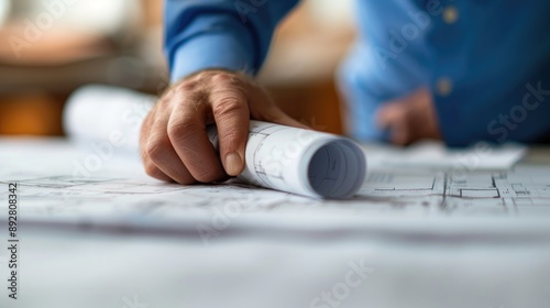 A hand holds a rolled-up blueprint over a table with plans, symbolizing construction preparation or architectural work.