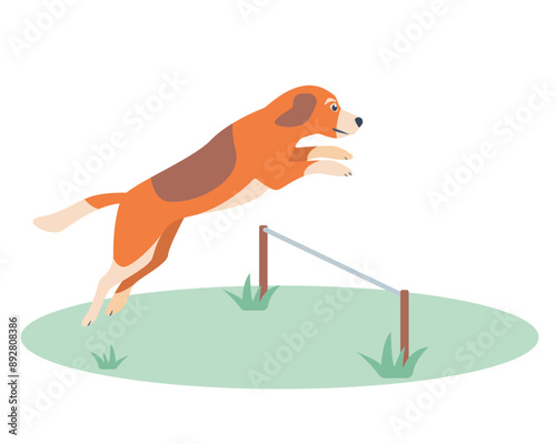 Dog jumping over barrier. Cute happy pet. Domestic animal dog. Vector icon illustration isolated on white background.