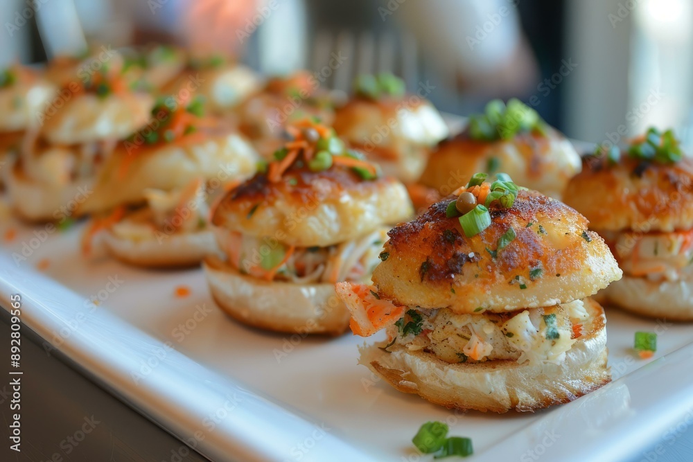 Appetizing mini chicken burgers with fresh toppings on a white serving dish Appetizing mini chicken burgers with fresh toppings on a white serving dish