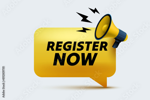 Register now message, megaphone announces news, banner service. Vector illustration