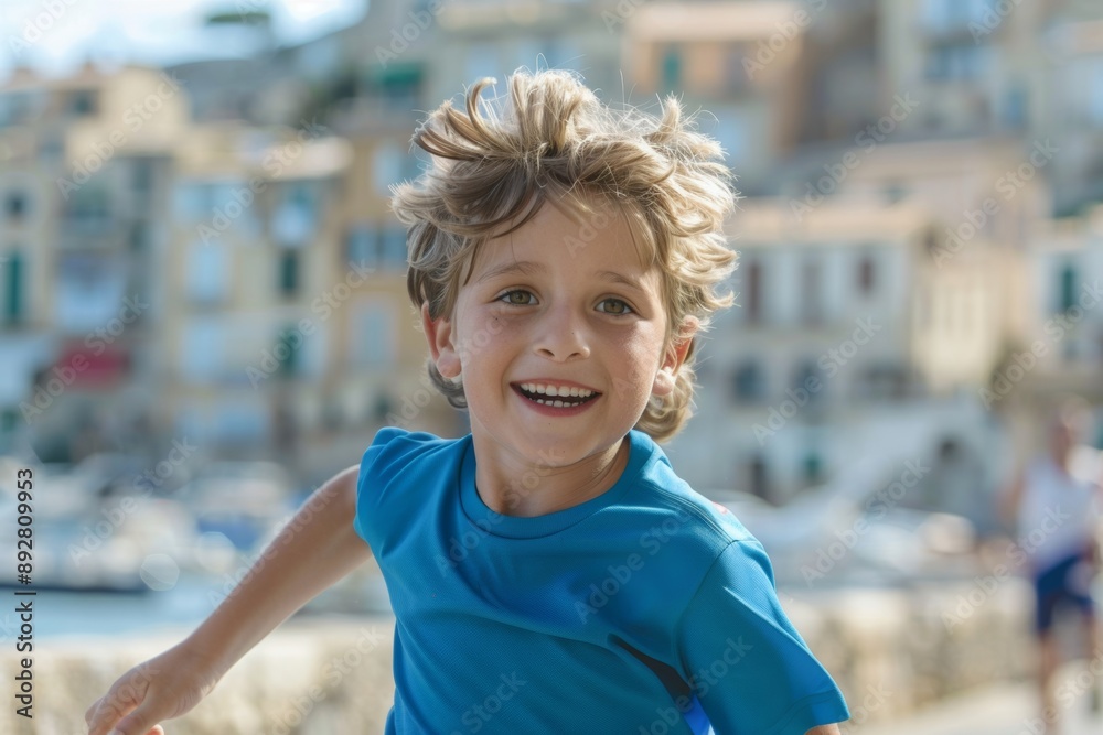 Energetic young boy enjoys fun dash along sunny seaside. Mediterranean waves crash small boy runs along full of joy. Running sea boy symbolizes pure joy of exploration. Energetic young boy enjoys fun dash along sunny seaside. Mediterranean waves crash small boy runs along full of joy. Running sea boy symbolizes pure joy of exploration.
