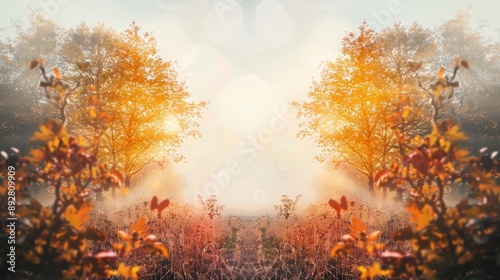 Enchanting autumn woodland festival scene with a tranquil,misty atmosphere and copy space for text overlay,symbolizing the wonder and beauty of the season.