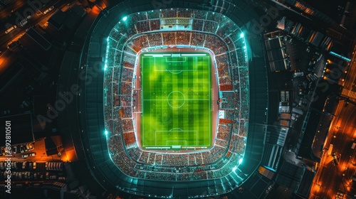 Vibrant Night Football Match Aerial View Stadium Lights Illuminate Packed Stands with Dramatic Effect DJI Mavic 2 Pro Shot