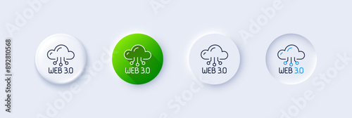 Web3 line icon. Neumorphic, Green gradient, 3d pin buttons. Web 3.0 internet technology sign. Decentralized system symbol. Line icons. Neumorphic buttons with outline signs. Vector
