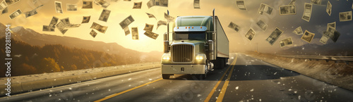 A truck on the highway with lots of dollar bills flying out from behind it