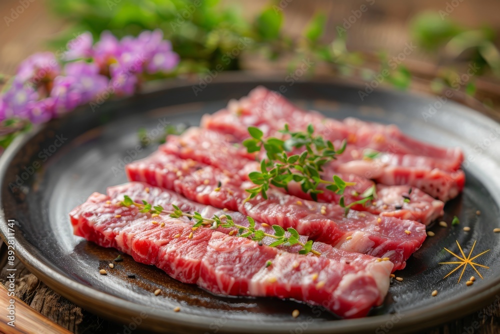 Raw beef slices garnished with herbs on a black plate. Food and culinary concept Raw beef slices garnished with herbs on a black plate. Food and culinary concept