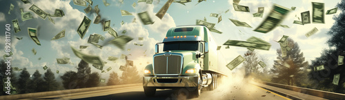 Highway truck with money flying out behind it