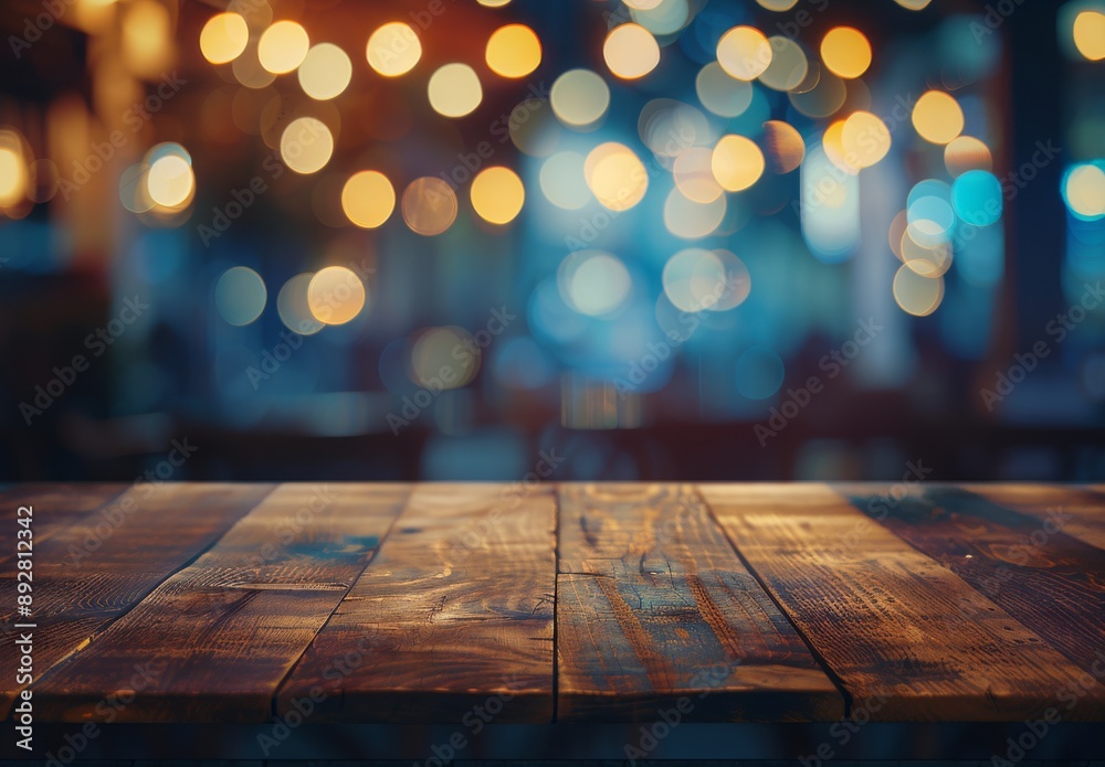 Background with blurry light gold bokeh on wood texture table top (counter bar). A great asset for montage product displays or design key visuals. Background with blurry light gold bokeh on wood texture table top (counter bar). A great asset for montage product displays or design key visuals.