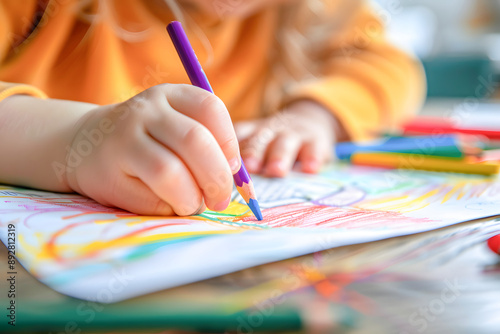Child Coloring with Crayons