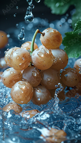 pastel blue splash with grapes and water, simple background, minimalist, commercial photography,, studio lighting.