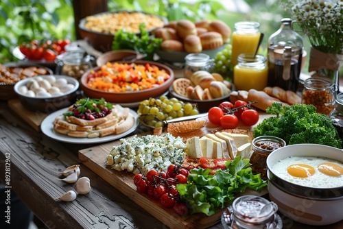 Brunch spread with a variet of dishes pastries. Village Breakfast with pastries, vegetables, greens, spreads, cheeses, fried eggs, jams