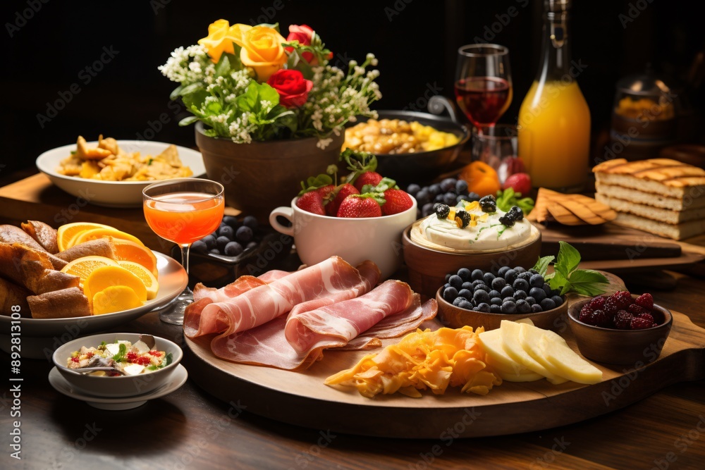 Brunch spread with a variet of dishes pastries. Village Breakfast with ...