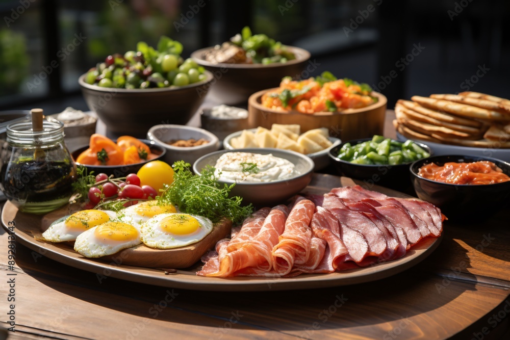 Brunch spread with a variet of dishes pastries. Village Breakfast with ...