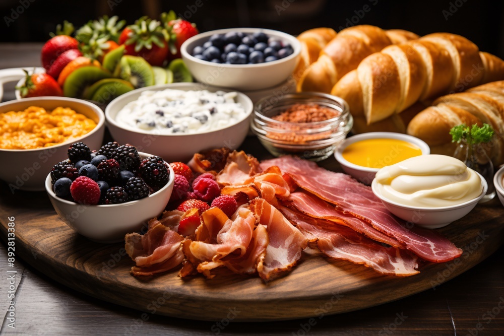 Brunch spread with a variet of dishes pastries. Village Breakfast with pastries, vegetables, greens, spreads, cheeses, fried eggs, jams. Brunch spread with a variet of dishes pastries. Village Breakfast with pastries, vegetables, greens, spreads, cheeses, fried eggs, jams.