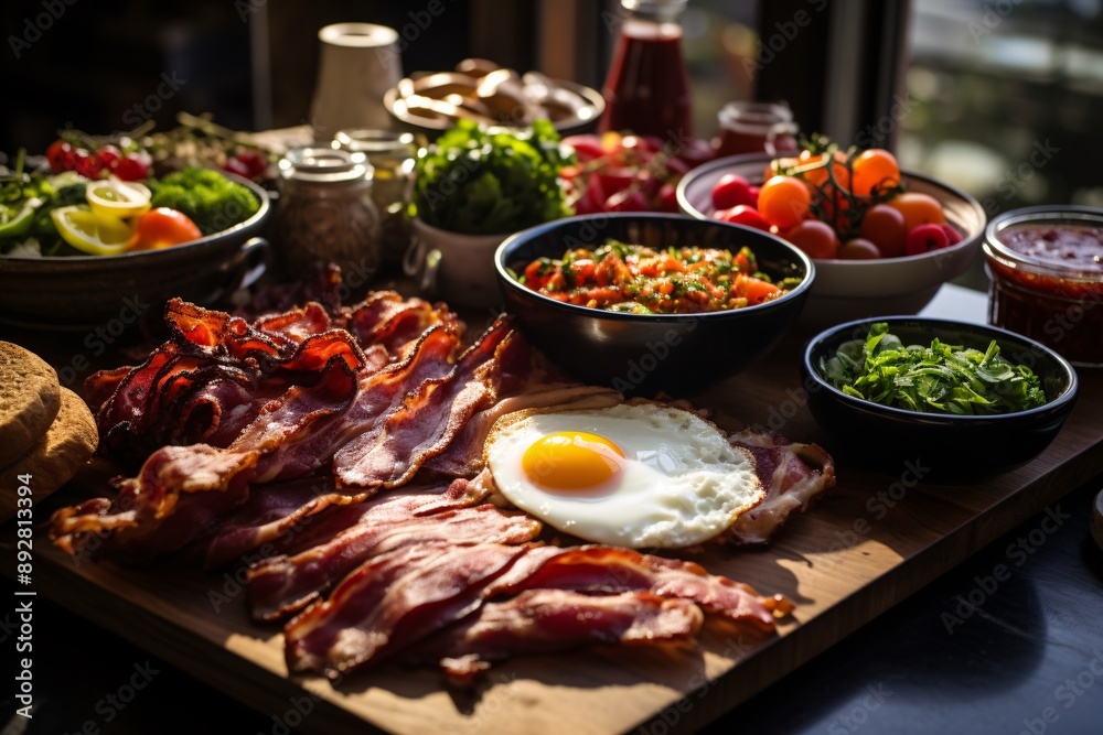 Brunch spread with a variet of dishes pastries. Village Breakfast with pastries, vegetables, greens, spreads, cheeses, fried eggs, jams. Brunch spread with a variet of dishes pastries. Village Breakfast with pastries, vegetables, greens, spreads, cheeses, fried eggs, jams.