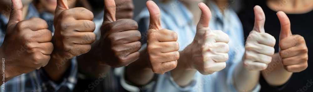 Group of diverse people raising thumbs to the camera as gesture of approval or good choice. Professional multicultural team demonstrates satisfaction. Group of diverse people raising thumbs to the camera as gesture of approval or good choice. Professional multicultural team demonstrates satisfaction.