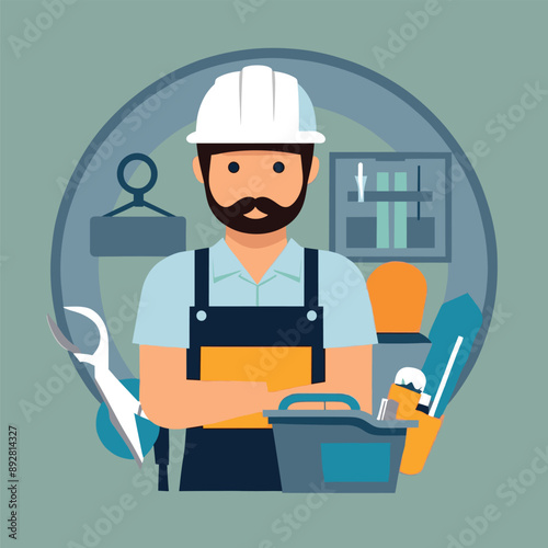 worker and builder wearing construction hat and tools