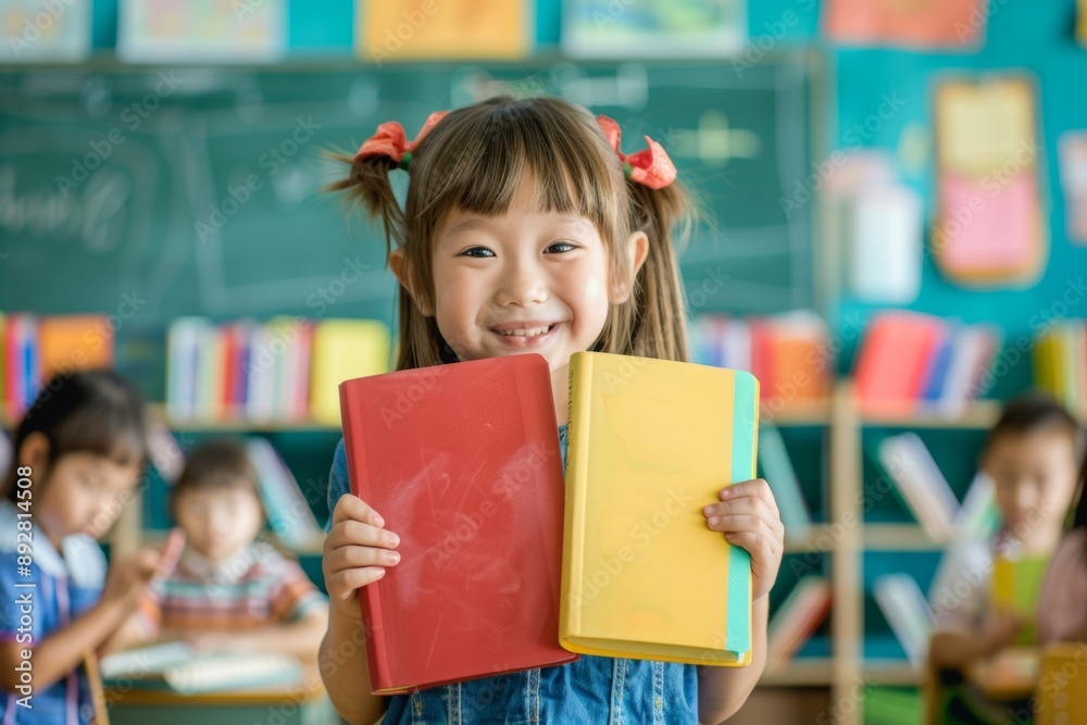 Happy smiling student holding books classroom radiating joy. Cheerful young student colorful classroom gripping two books. Embracing education pathway to knowledge and personal growth. Happy smiling student holding books classroom radiating joy. Cheerful young student colorful classroom gripping two books. Embracing education pathway to knowledge and personal growth.