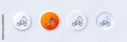 Bike attention line icon. Neumorphic, Orange gradient, 3d pin buttons. City bicycle transport sign. Velocipede warning symbol. Line icons. Neumorphic buttons with outline signs. Vector