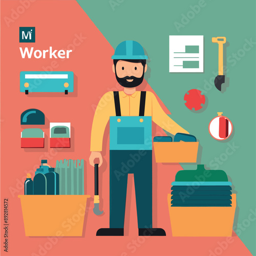 worker and builder wearing construction hat and tools