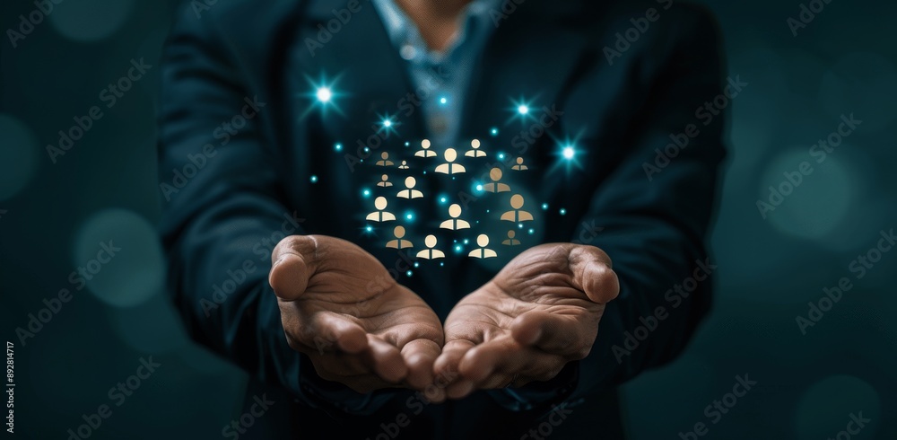 Businessman holding a virtual human icon for a customer focus group or a recruitment and development concept for employees. Businessman holding a virtual human icon for a customer focus group or a recruitment and development concept for employees.