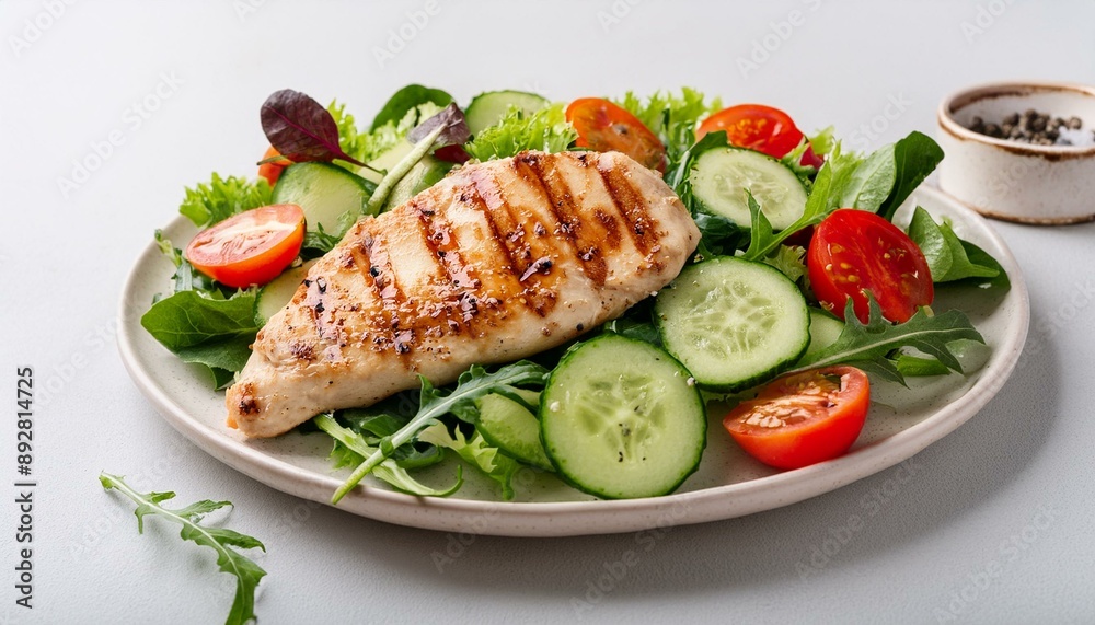 Close-up of juicy grilled chicken fillet on a bed of crisp lettuce, arugula, spinach, cucumber