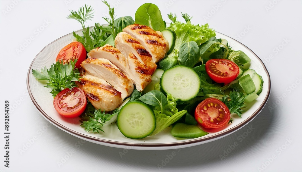  Close-up top view of a grilled chicken salad with leafy greens, cucumber, and tomato, arrang 